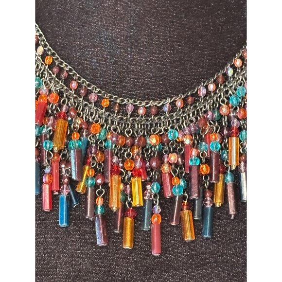 Colorful Beaded Fringe Necklace With Multicolor Glass Tube Beads & Festive Chain - Picture 2 of 9